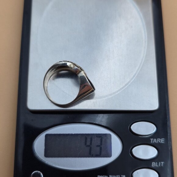 Size 8.5 Sterling Silver X Pattern Marcasite Heart Onyx Band Ring A5513 - Picture 9 of 9